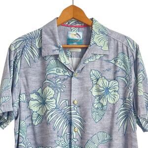 Tommy Bahama Men 100% Silk Hawaiian Shirt Medium Gray Blue Marlin Floral Print